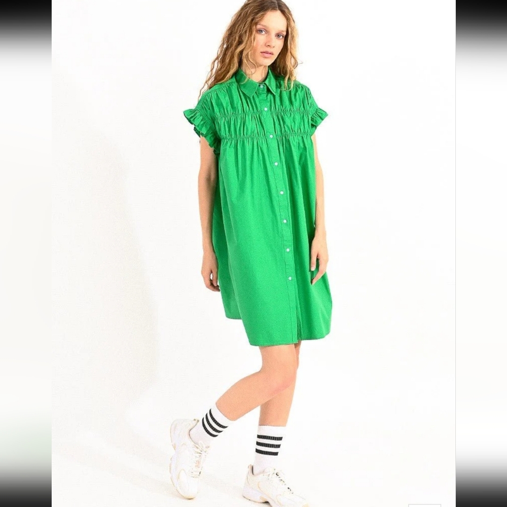 Lili Sidonio Ruffle Gathered Short Sleeve Green Shirt Dress Nwt Size Medium